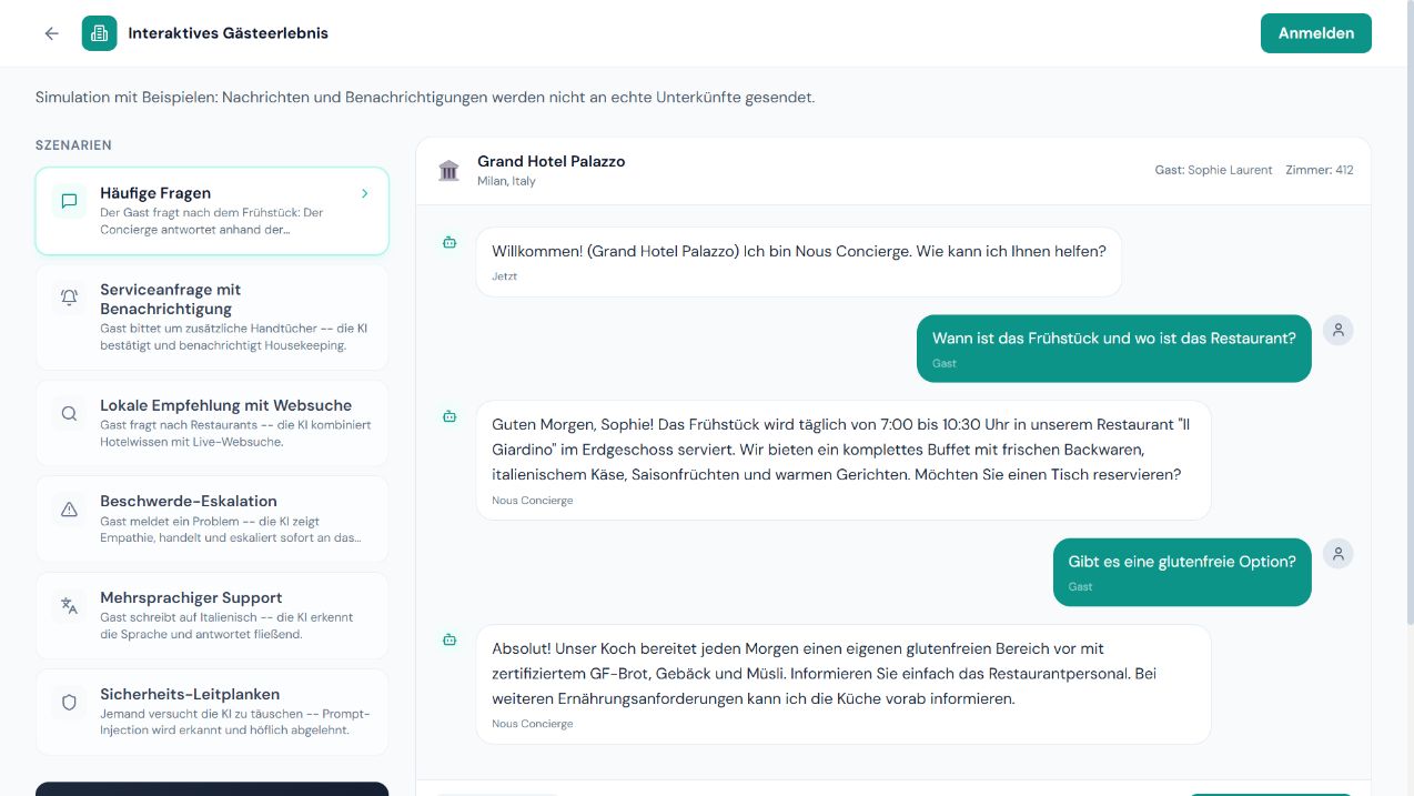 Concierge-Demo mit Gästegespräch und Benachrichtigungen für das Team
