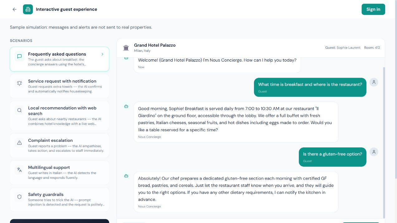Concierge demo showing a guest conversation and staff notifications