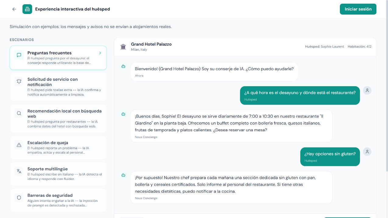 Demo del conserje con conversación del huésped y avisos al equipo