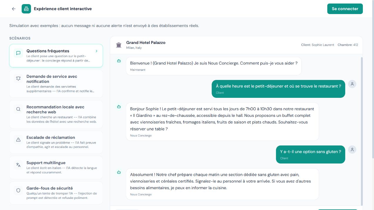 Démo du concierge avec conversation voyageur et notifications à l’équipe