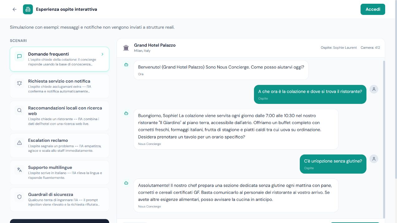 Demo del concierge con conversazione ospite e notifiche per lo staff